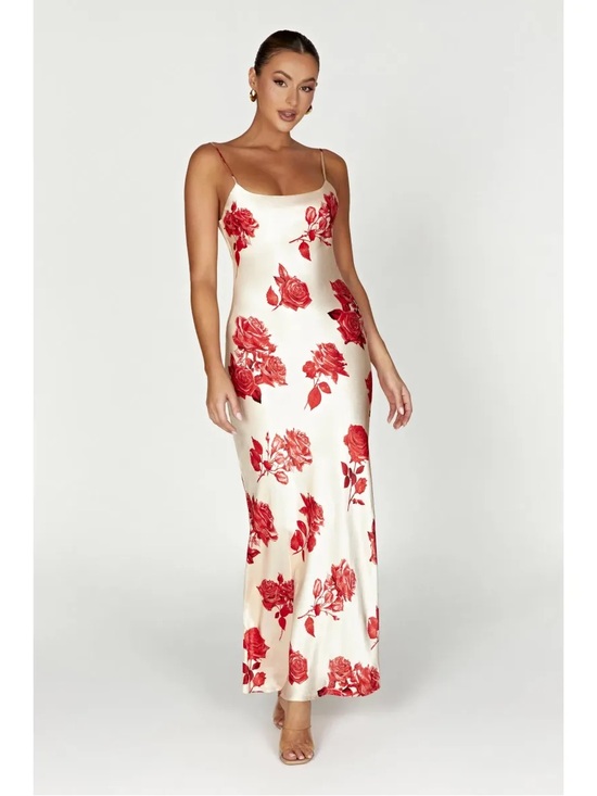 Meshki Dresses & Skirts - MESHKI Red Rose Champagne Satin Slip Maxi Dress Size S